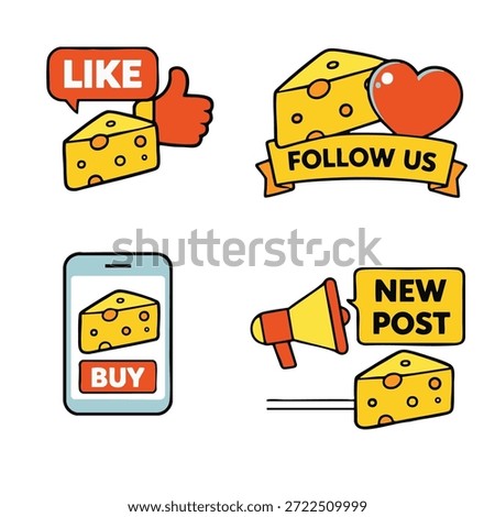 A cheese icon with social media elements including like follow buy and new post notifications featuring cartoon cheese heart phone and megaphone in fun and engaging style