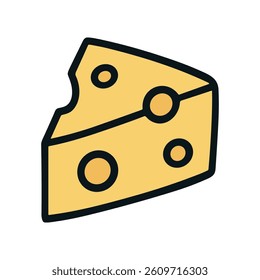 Cheese icon, yellow slice, cartoon style, with round holes.