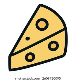 Cheese icon, yellow slice, cartoon style, with round holes.