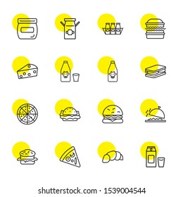 cheese icons. Editable 16 cheese icons. Included icons such as Milk, Breakfast, Pizza slice, Sandwich, Food, Hamburguer, Pizza, Cheese, Burger, Milk jar. trendy icons for web.