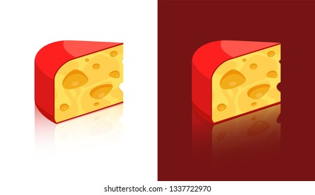 Cheese icons isolated on white and dark background. Colorful signs of porous swiss cheese Maasdam.
