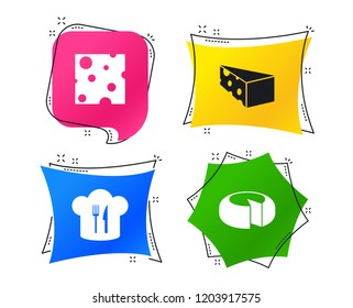 Cheese icons. Round cheese wheel sign. Sliced food with chef hat symbols. Geometric colorful tags. Banners with flat icons. Trendy design. Vector