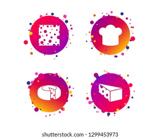 Cheese icons. Round cheese wheel sign. Sliced food with chief hat symbols. Gradient circle buttons with icons. Random dots design. Vector