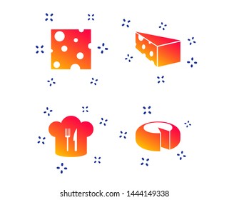 Cheese icons. Round cheese wheel sign. Sliced food with chief hat symbols. Random dynamic shapes. Gradient cheese icon. Vector