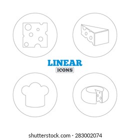 Cheese icons. Round cheese wheel sign. Sliced food with chief hat symbols. Linear outline web icons. Vector