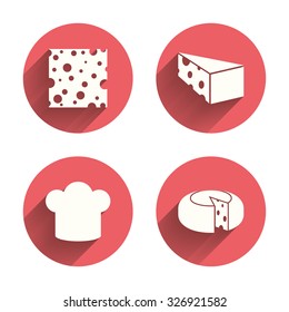 Cheese icons. Round cheese wheel sign. Sliced food with chief hat symbols. Pink circles flat buttons with shadow. Vector