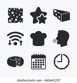 Cheese icons. Round cheese wheel sign. Sliced food with chief hat symbols. Wifi internet, favorite stars, calendar and clock. Talking head. Vector