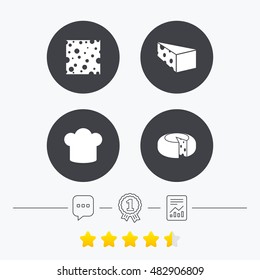 Cheese icons. Round cheese wheel sign. Sliced food with chief hat symbols. Chat, award medal and report linear icons. Star vote ranking. Vector