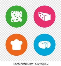 Cheese icons. Round cheese wheel sign. Sliced food with chief hat symbols. Round buttons on transparent background. Vector