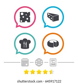 Cheese icons. Round cheese wheel sign. Sliced food with chief hat symbols. Calendar, internet globe and report linear icons. Star vote ranking. Vector