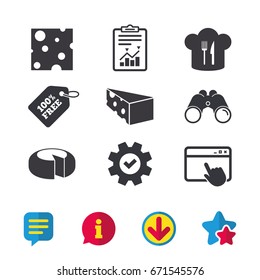 Cheese icons. Round cheese wheel sign. Sliced food with chief hat symbols. Browser window, Report and Service signs. Binoculars, Information and Download icons. Stars and Chat. Vector