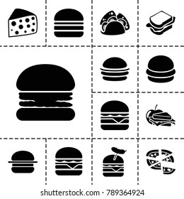 Cheese icons. set of 13 editable filled cheese icons such as burger, taco, pizza, sandwich, burger with sausage, cheeseburger, sandwich and apple