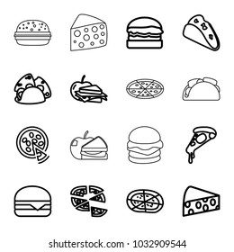Cheese icons. set of 16 editable outline cheese icons such as taco, pizza, cheeseburger, sandwich and apple, burger