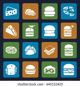 Cheese icons set. set of 16 cheese filled icons such as cheese, taco, burger, pizza, sandwich, double burger with flag, burger with pepper