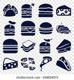 Cheese icons set. set of 16 cheese filled icons such as cheese, taco, burger, pizza, sandwich, double burger with flag, burger with pepper