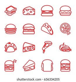 Cheese icons set. set of 16 cheese outline icons such as cheese, taco, burger, pizza, sandwich, double burger with flag, double burger