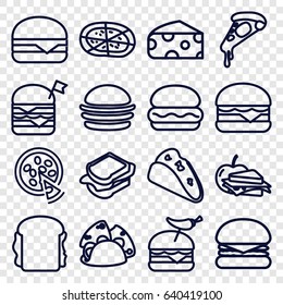 Cheese icons set. set of 16 cheese outline icons such as cheese, taco, burger, pizza, sandwich, double burger with flag, burger with pepper, cheeseburger