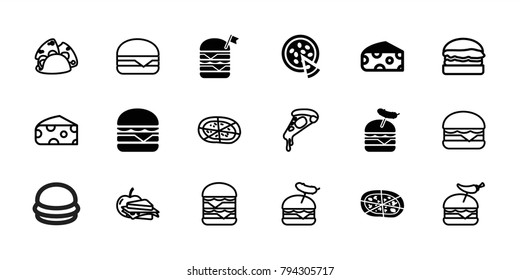 Cheese icons. set of 18 editable filled and outline cheese icons: cheese, pizza, double burger with flag, burger with sausage, cheeseburger, taco