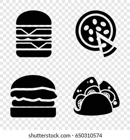 Cheese icons set. set of 4 cheese filled icons such as taco, double burger, pizza
