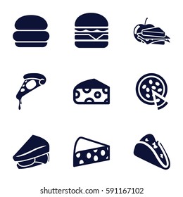 cheese icons set. Set of 9 cheese filled icons such as cheese, taco, pizza, sandwich, cheeseburger, sandwich and apple