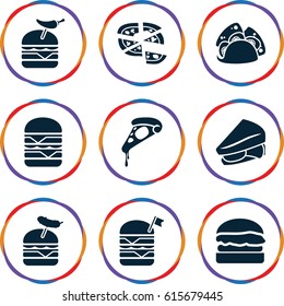 Cheese icons set. set of 9 cheese filled icons such as pizza, taco, sandwich, double burger with flag