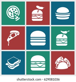 Cheese icons set. set of 9 cheese filled icons such as burger, pizza, taco, sandwich, burger with pepper, burger with sausage