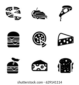 Cheese icons set. set of 9 cheese filled icons such as cheese, pizza, burger with sausage, double burger, sandwich