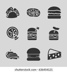 Cheese icons set. set of 9 cheese filled icons such as taco, pizza, double burger with flag, burger with sausage, sandwich and apple, burger