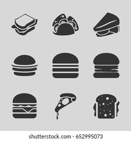 Cheese icons set. set of 9 cheese filled icons such as burger, pizza, taco, sandwich