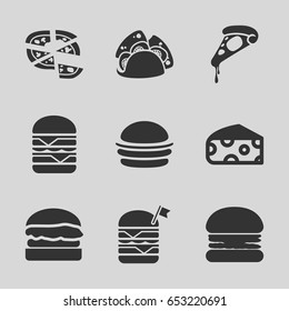Cheese icons set. set of 9 cheese filled icons such as cheese, burger, pizza, taco, double burger with flag