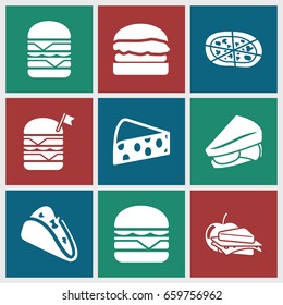 Cheese icons set. set of 9 cheese filled icons such as taco, sandwich, pizza, double burger with flag, double burger, cheeseburger, sandwich and apple, burger