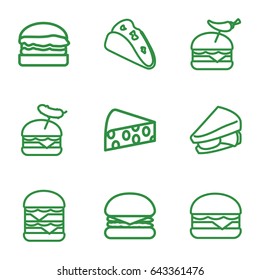 Cheese icons set. set of 9 cheese outline icons such as taco, sandwich, burger with pepper, burger with sausage, cheeseburger