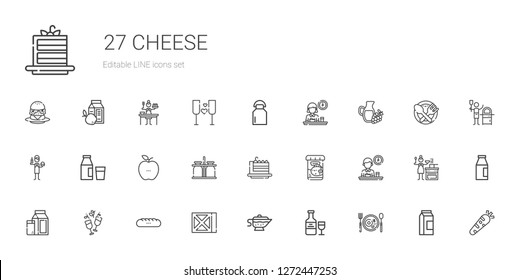 cheese icons set. Collection of cheese with breakfast, wine, sauce, baguettes, milk, fish food, cake slice, milk jar, healthy food, burguer. Editable and scalable cheese icons.