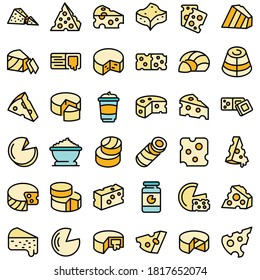 Iconos de queso. Conjunto de esquema de iconos vectoriales de queso color delgado plano sobre blanco