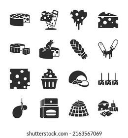 Cheese icons set. Cheese products, various types. Brie, Ricotta, Parmesan, etc. Monochrome black and white icon.