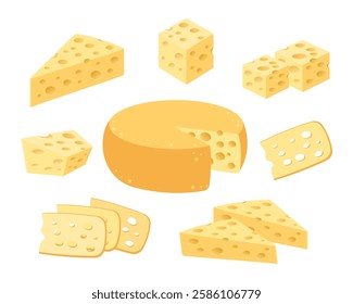 Cheese icons set. Swiss cheese wheel and slices. Cheese and pieces of cheese. Illustration