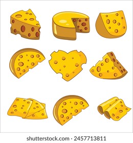 Cheese icons vector set in line, flat, and color style. Mozzarella, ricotta, parmesan, cheddar, gouda symbol.