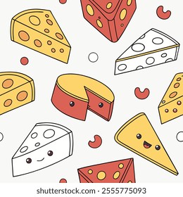 Cheese icons vector set in line, flat, and color style. Mozzarella, yogurt, ricotta, cream cheese, parmesan, cheddar, brie, emmenthal, gouda symbol. Vector illustration