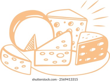 Cheese icons vector set in line, flat, and color style. Mozzarella, yogurt, ricotta, cream cheese, parmesan, cheddar, brie, emmenthal, gouda