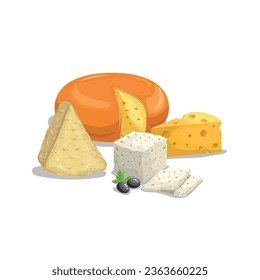 Cheese illustrations. Various type of cheese. Parmesan, Edam, Maasdam, Feta cheese. Best for food market designs.