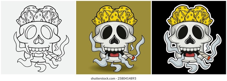 Cheese Inside Skull Head With Smoking Character Cartoon. Black White, Colorful and Sticker Style. For T shirt print, Brand Logo, Label and Mascot product. Vectors Illustrations