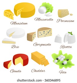Comida aislada de queso conjunto de diferentes tipos vector