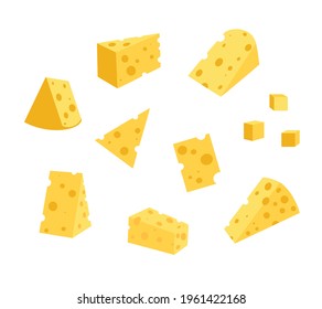 .Cheese with isolated on white background, vector flat illustration. A set of different cheeses