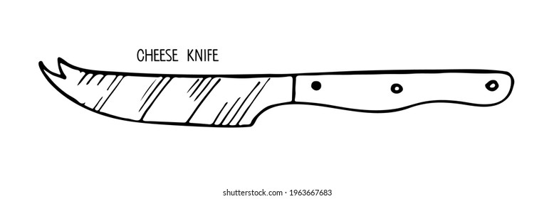 Cheese knife isolated on white background. Stainless steel kitchen knife for cheese sketch. Special blade for cutting cheese. Household utensils and cutlery.