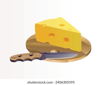 Cheese and knife on a wooden board. Still life with cheese and knife on a white background