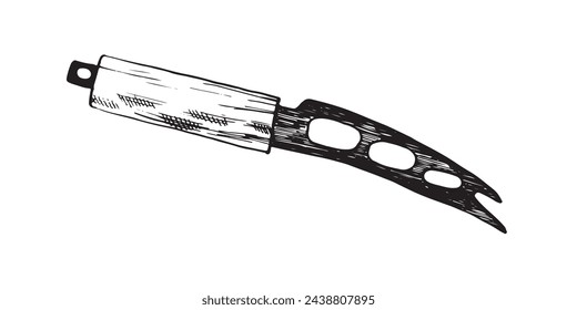 Cheese knife sketch. Hand drawn vector illustration. Kitchen knife specialized for the cutting of cheese. for menu, books, magazine articles, cafe, restaurant