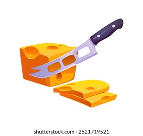 Cuchillo de queso cortando un bloque de queso suizo, con dos rebanadas descansando cerca. Escena de proceso de cocción de Vector de dibujos animados con herramienta de corte de cocina y producto de diario en un momento de preparación de alimentos