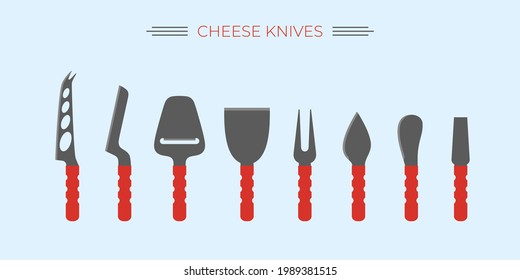 Cheese knives, knife set. Popular knives for cheese cutting. Utensils tools for kitchen and cooking. Сhisel. Сheese fork. Spreader. Parm knife. Cheese plane. Color flat isolated vector illustration