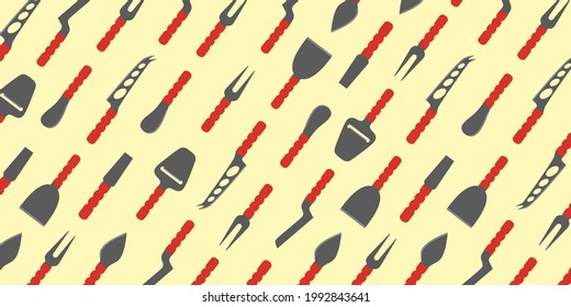 Cheese knives, knife set.Popular cheese knives for cutting.Pattern, background. Utensils tools for cheese. Сhisel.Сheese fork. Spreader.Parm knife.Cheese plane. Color flat isolated vector illustration