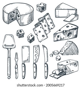 Cheese knives set and assortment of cheeses isolated on white background. Vector hand drawn sketch food illustration. Delicious gourmet farm product. Snack restaurant menu design elements